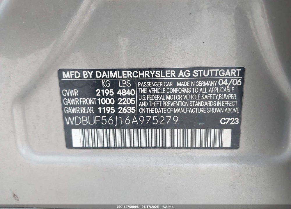 2006 MERCEDES-BENZ E-CLASS VIN: WDBUF56J16A975279