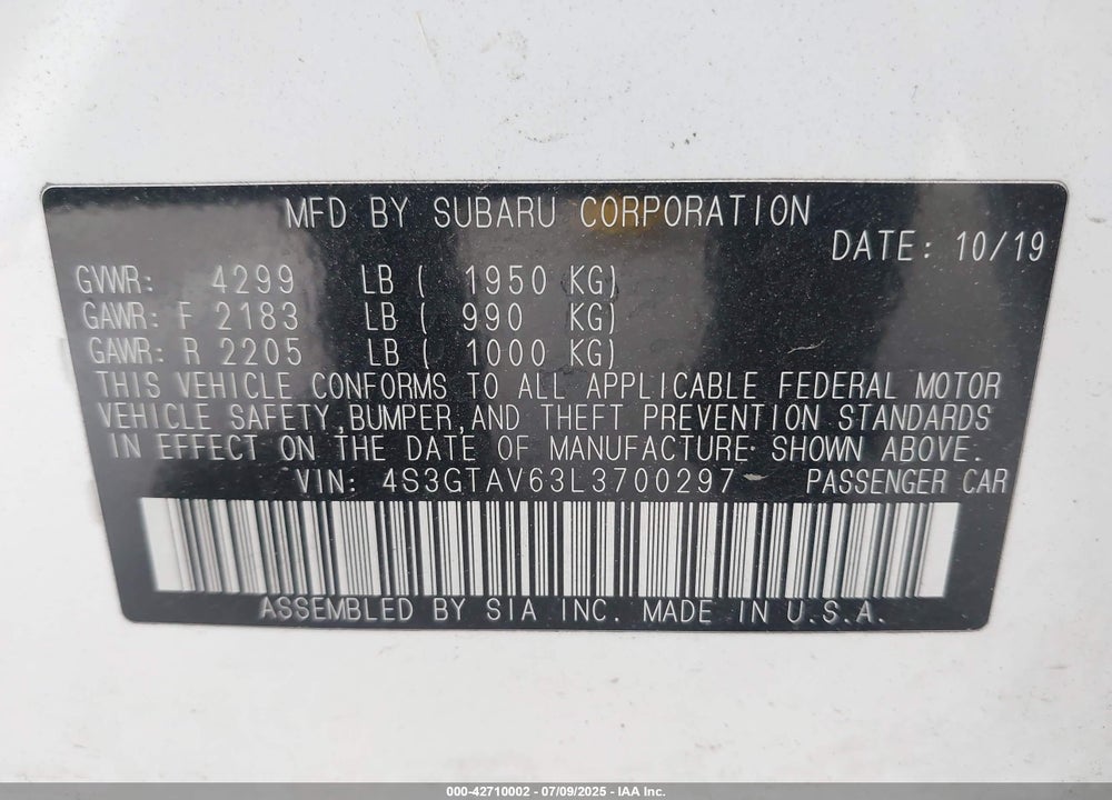 2020 SUBARU IMPREZA VIN: 4S3GTAV63L3700297