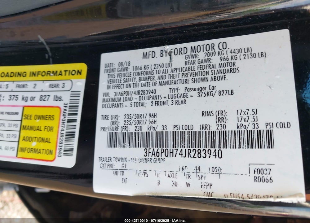 2018 FORD FUSION VIN: 3FA6P0H74JR283940