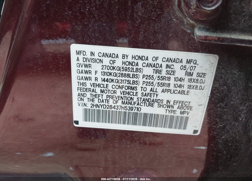 2007 ACURA MDX VIN: 2HNYD28437H539710