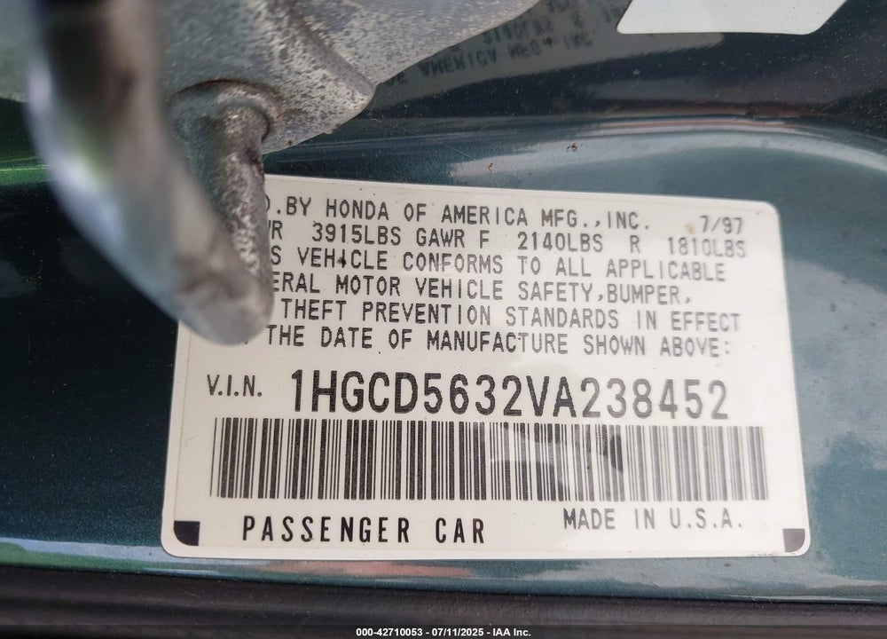 1997 HONDA ACCORD LX VIN: 1HGCD5632VA238452