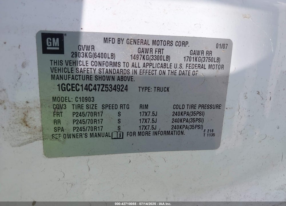 2007 CHEVROLET SILVERADO 1500 WORK TRUCK VIN: 1GCEC14C47Z534924