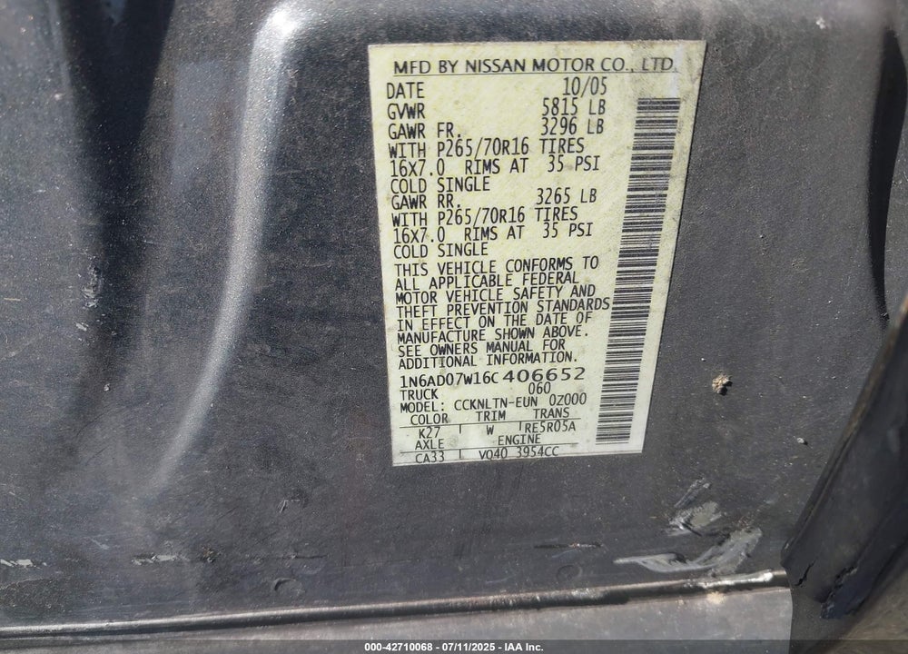 2006 NISSAN FRONTIER VIN: 1N6AD07W16C406652