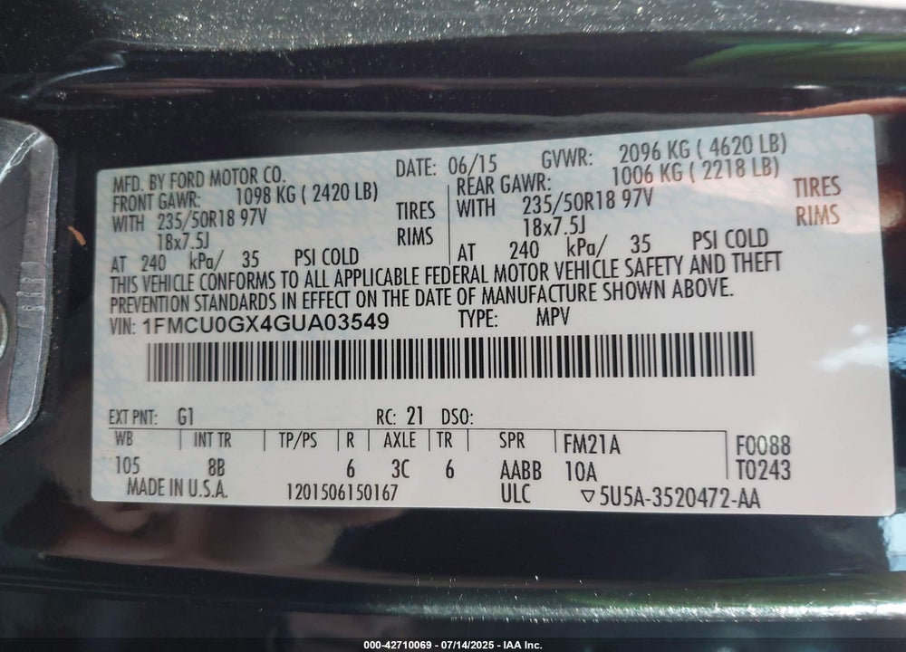 2016 FORD ESCAPE VIN: 1FMCU0GX4GUA03549
