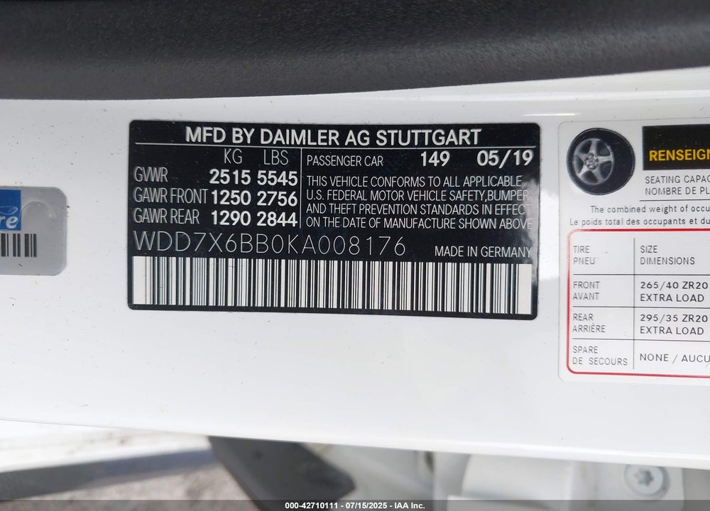 2019 MERCEDES-BENZ AMG-CLASS VIN: WDD7X6BB0KA008176