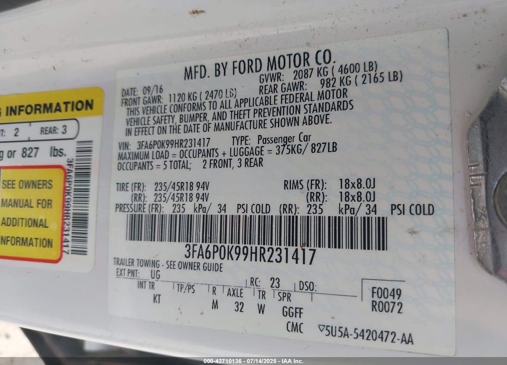 2017 FORD FUSION VIN: 3FA6P0K99HR231417