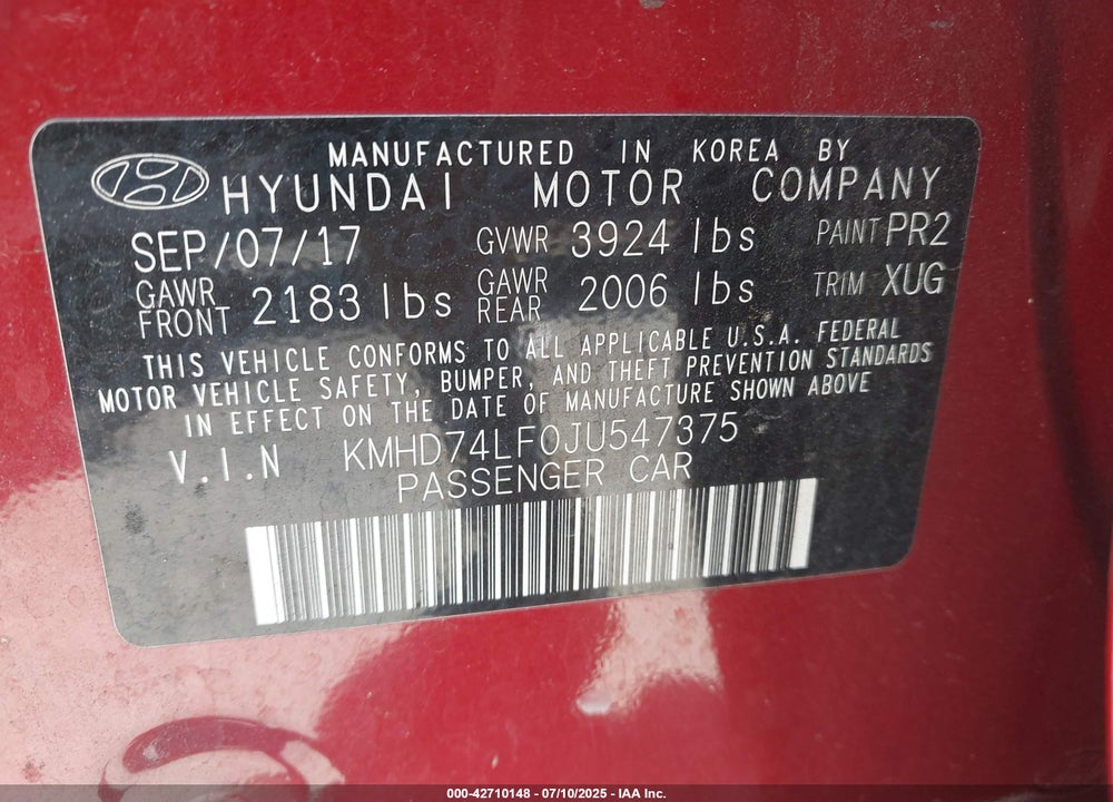2018 HYUNDAI ELANTRA VIN: KMHD74LF0JU547375
