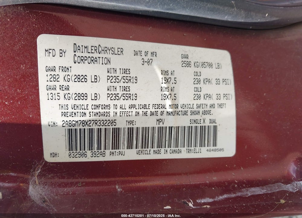 2007 CHRYSLER PACIFICA LIMITED VIN: 2A8GM78X27R332205