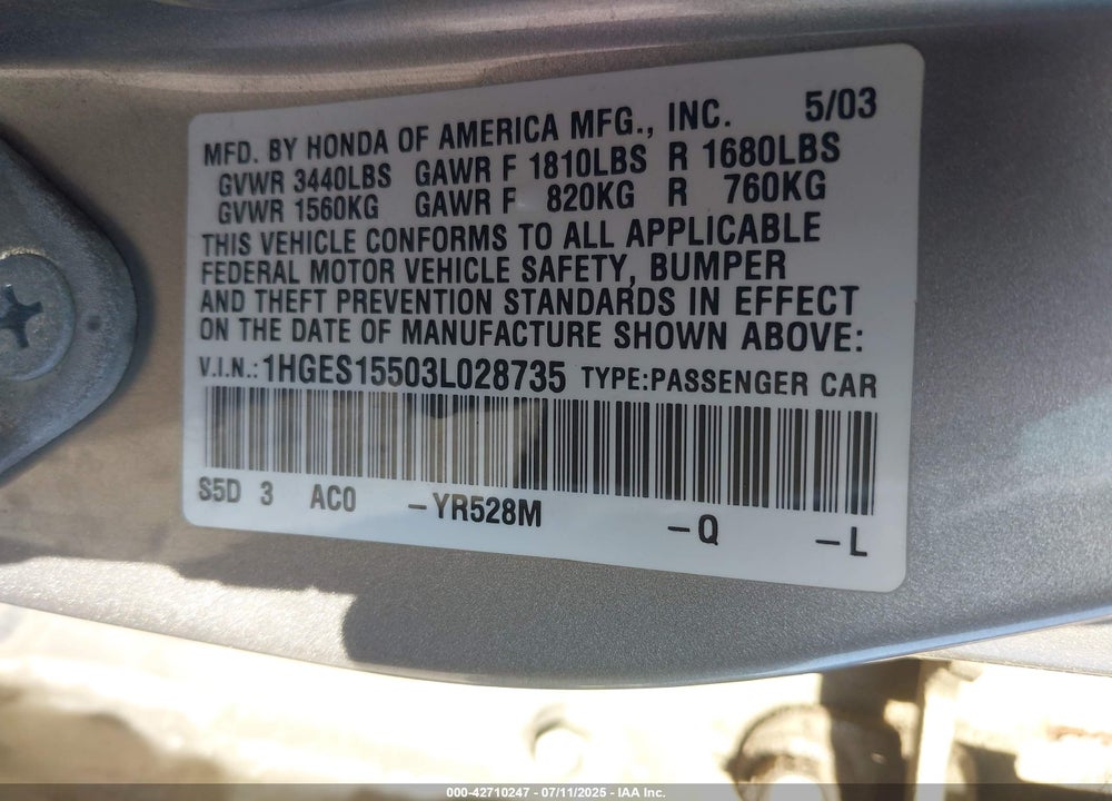 2003 HONDA CIVIC LX VIN: 1HGES15503L028735
