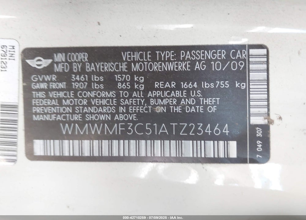 2010 MINI COOPER VIN: WMWMF3C51ATZ23464