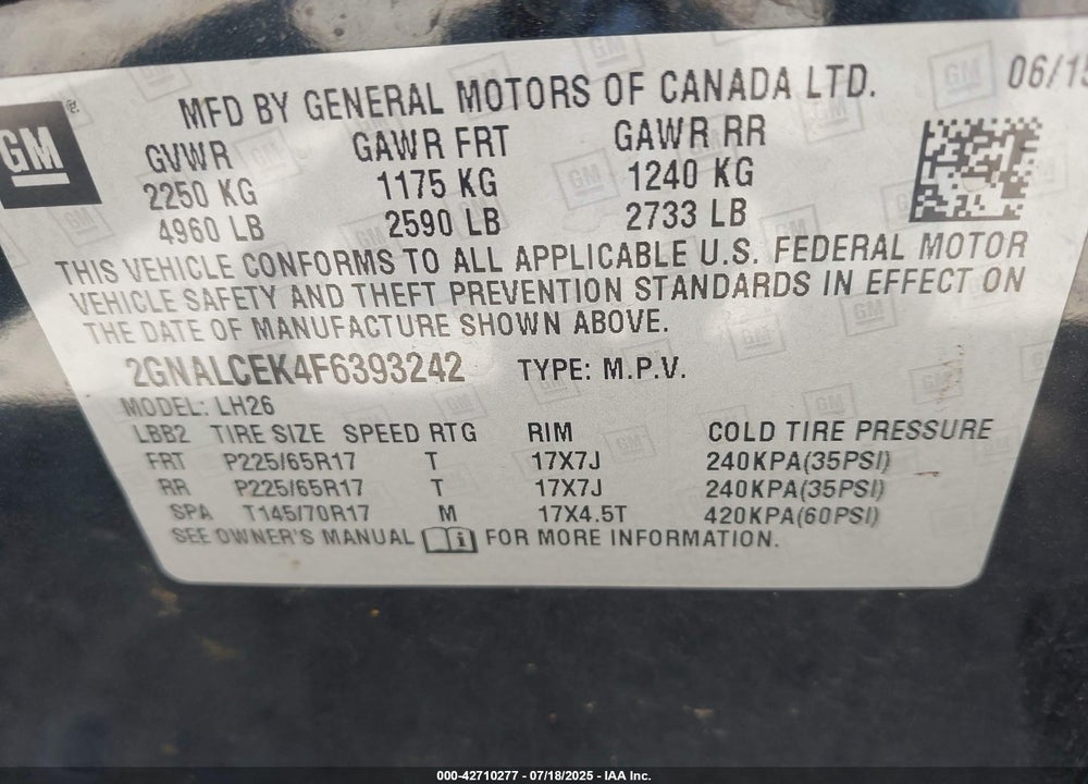 2015 CHEVROLET EQUINOX VIN: 2GNALCEK4F6393242