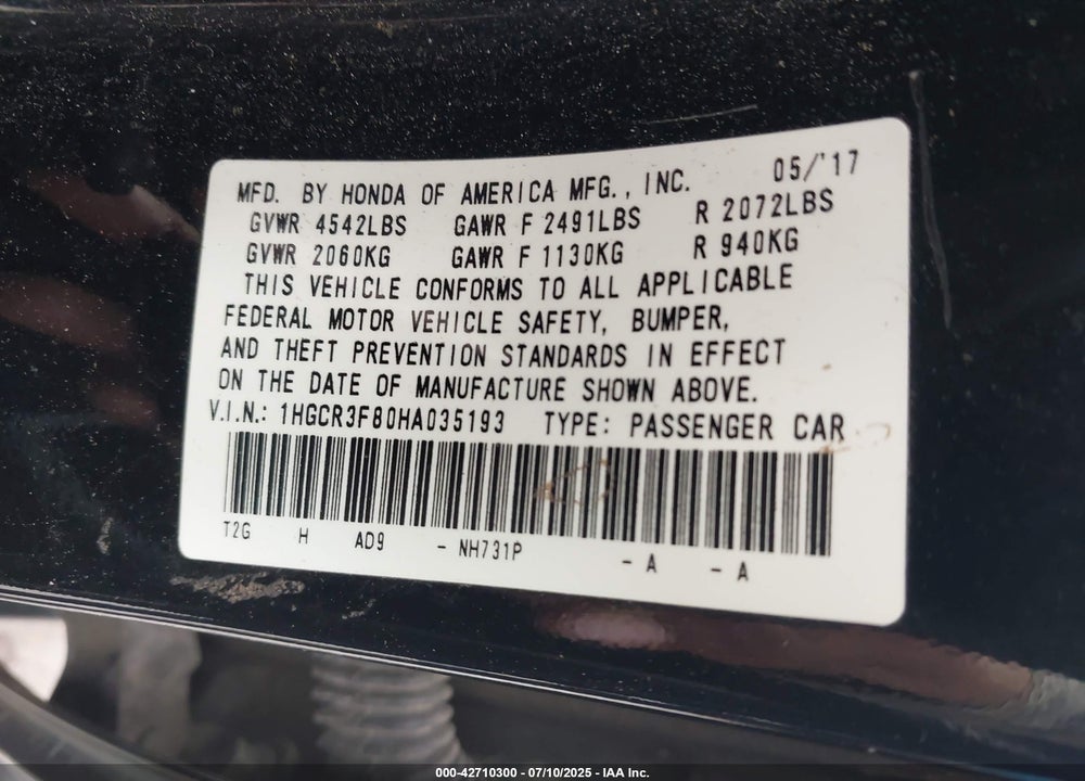 2017 HONDA ACCORD VIN: 1HGCR3F80HA035193