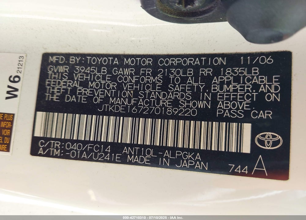 2007 SCION TC VIN: JTKDE167270189220