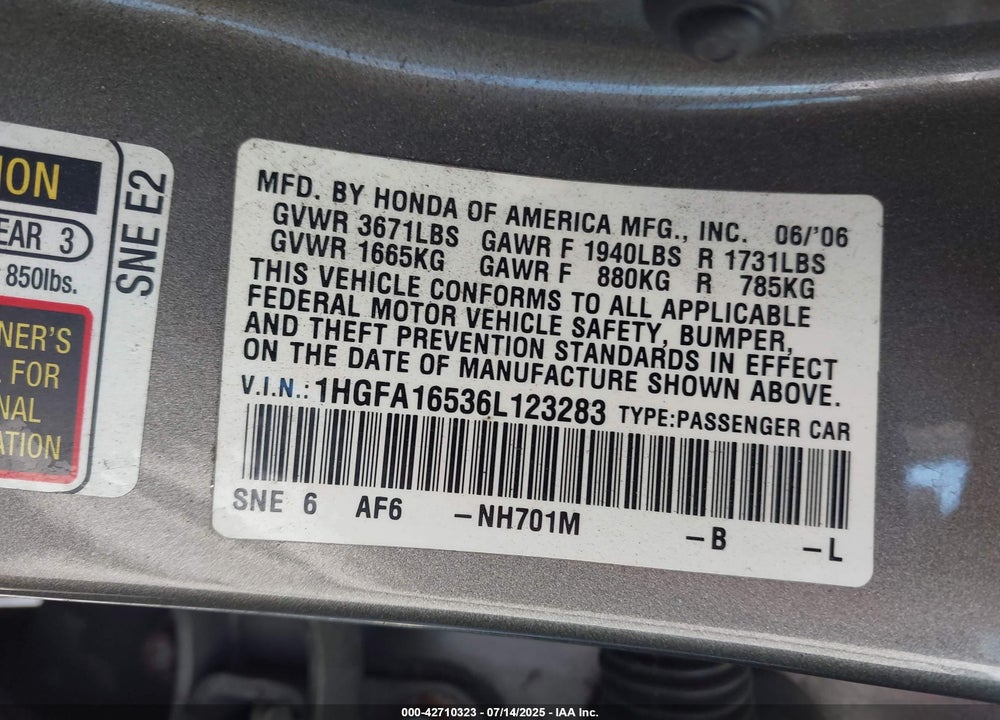 2006 HONDA CIVIC VIN: 1HGFA16536L123283