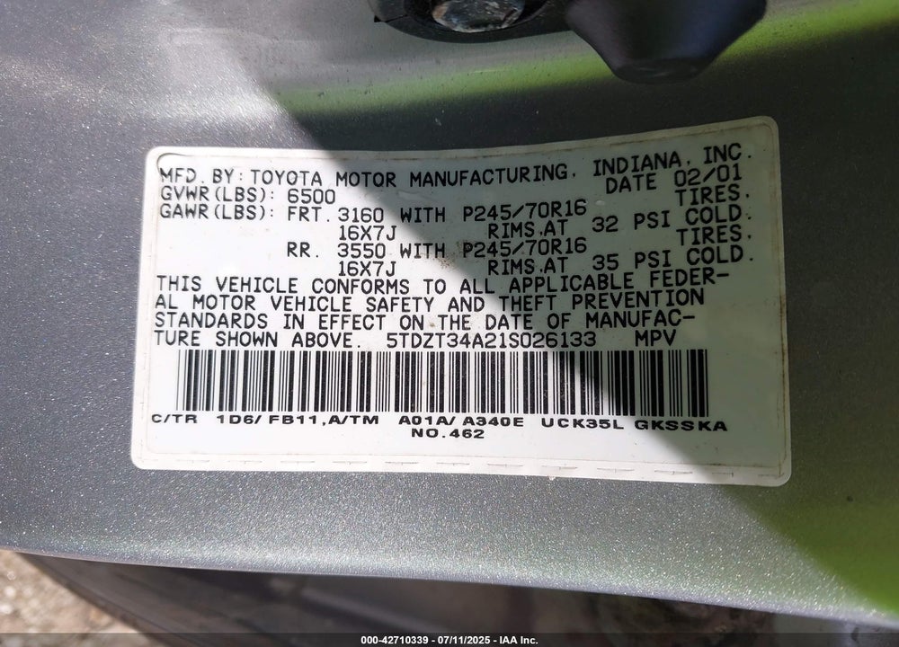 2001 TOYOTA SEQUOIA VIN: 5TDZT34A21S026133