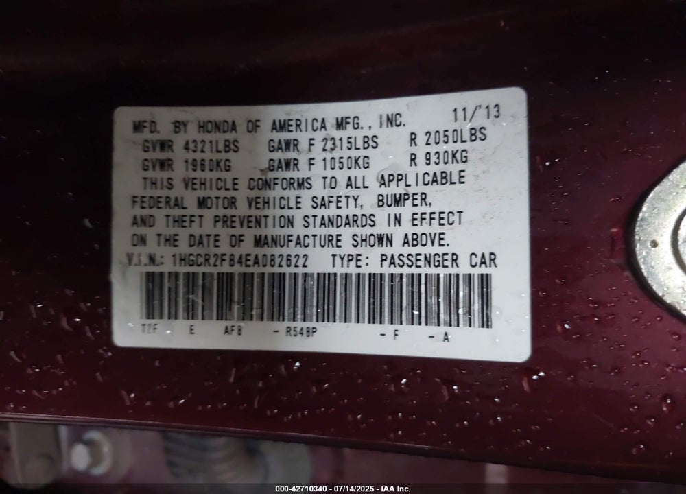 2014 HONDA ACCORD EX-L VIN: 1HGCR2F84EA082622