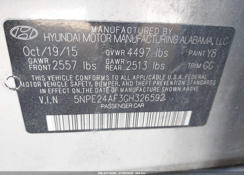 2016 HYUNDAI SONATA SE VIN: 5NPE24AF3GH326592