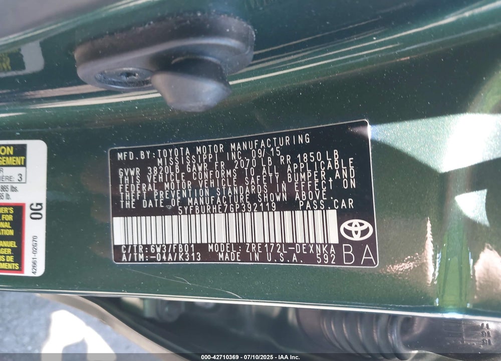 2016 TOYOTA COROLLA VIN: 5YFBURHE7GP392119