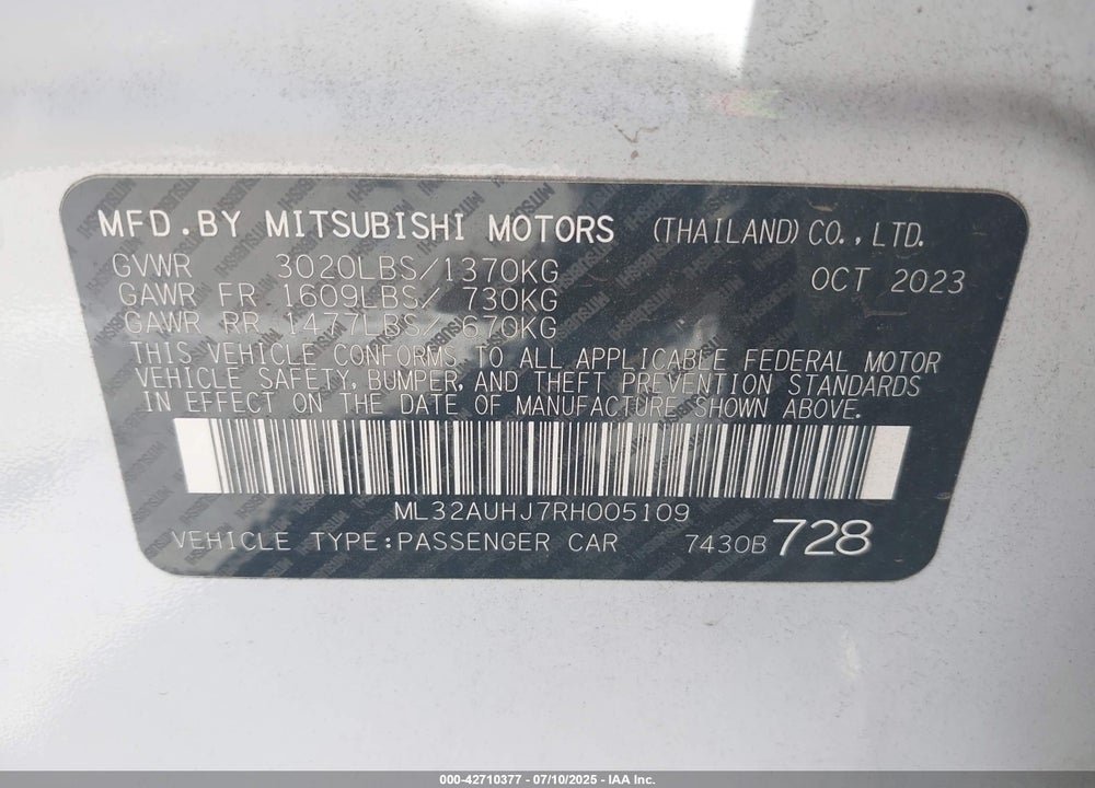 2024 MITSUBISHI MIRAGE VIN: ML32AUHJ7RH005109