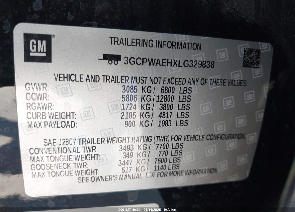 2020 CHEVROLET SILVERADO 1500 VIN: 3GCPWAEHXLG329838