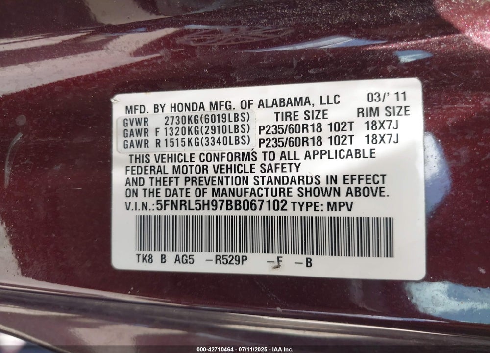 2011 HONDA ODYSSEY VIN: 5FNRL5H97BB067102