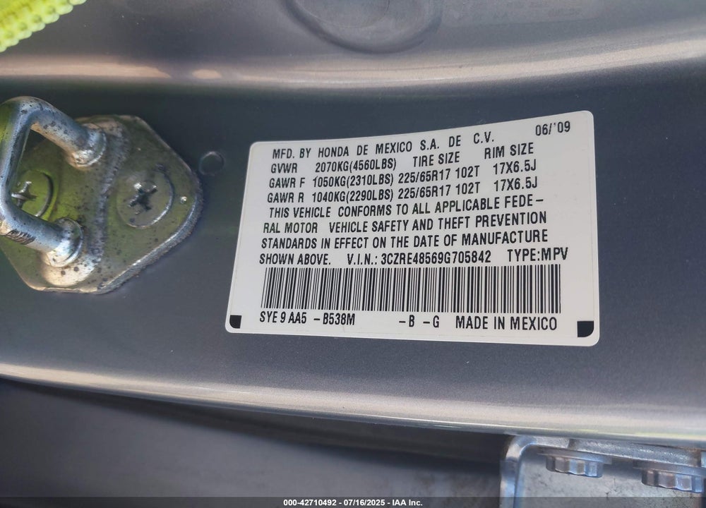 2009 HONDA CR-V VIN: 3CZRE48569G705842