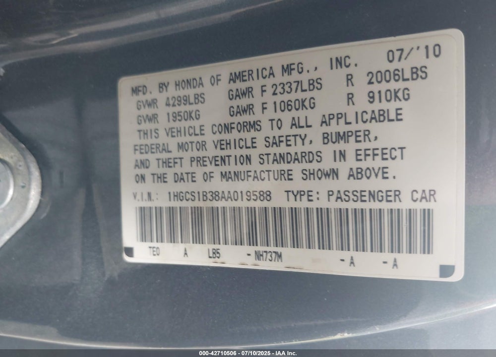 2010 HONDA ACCORD VIN: 1HGCS1B38AA019588