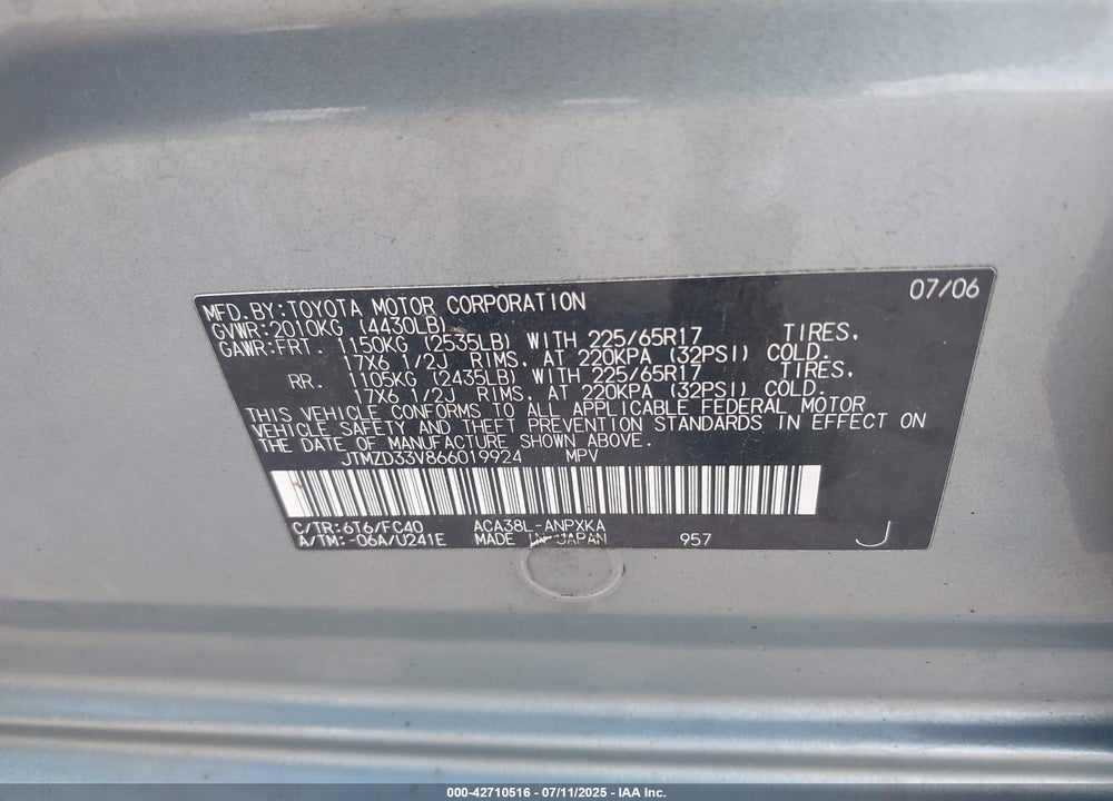 2006 TOYOTA RAV4 VIN: JTMZD33V866019924