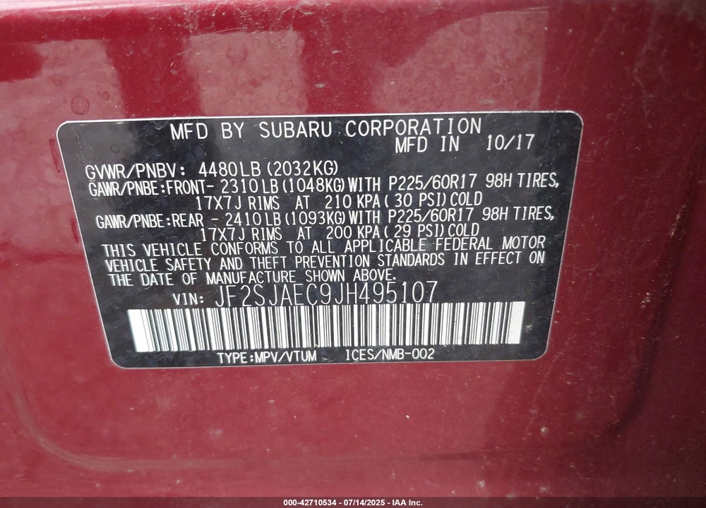2018 SUBARU FORESTER VIN: JF2SJAEC9JH495107
