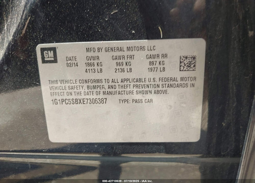 2014 CHEVROLET CRUZE VIN: 1G1PC5SBXE7306387