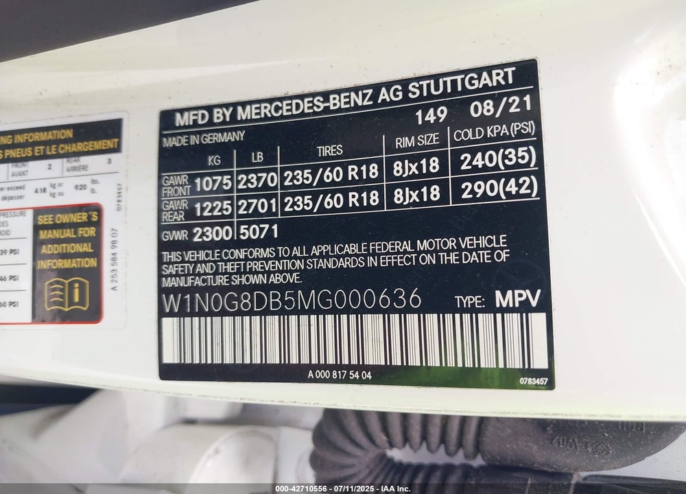 2021 MERCEDES-BENZ GLC CLASS VIN: W1N0G8DB5MG000636