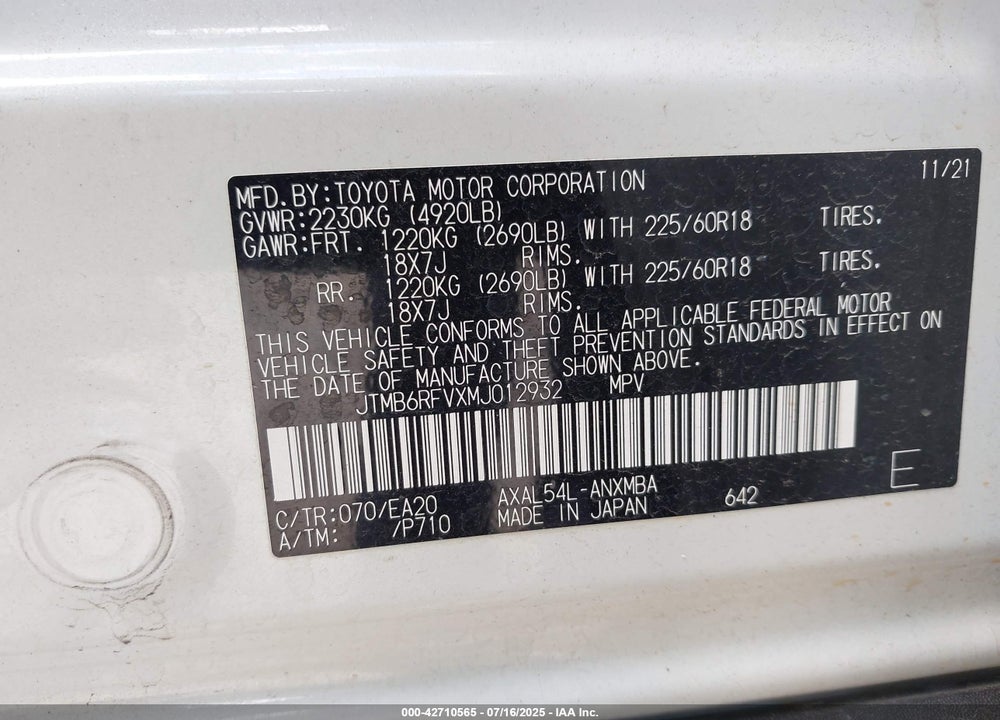 2021 TOYOTA RAV4 HYBRID VIN: JTMB6RFVXMJ012932
