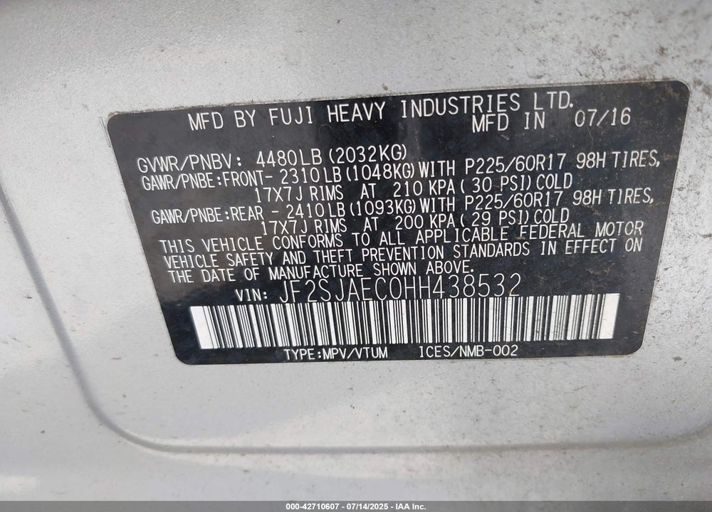 2017 SUBARU FORESTER VIN: JF2SJAEC0HH438532