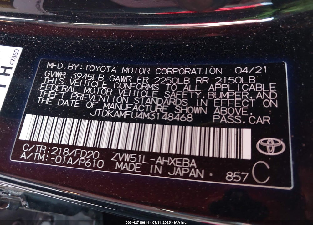 2021 TOYOTA PRIUS VIN: JTDKAMFU4M3148468