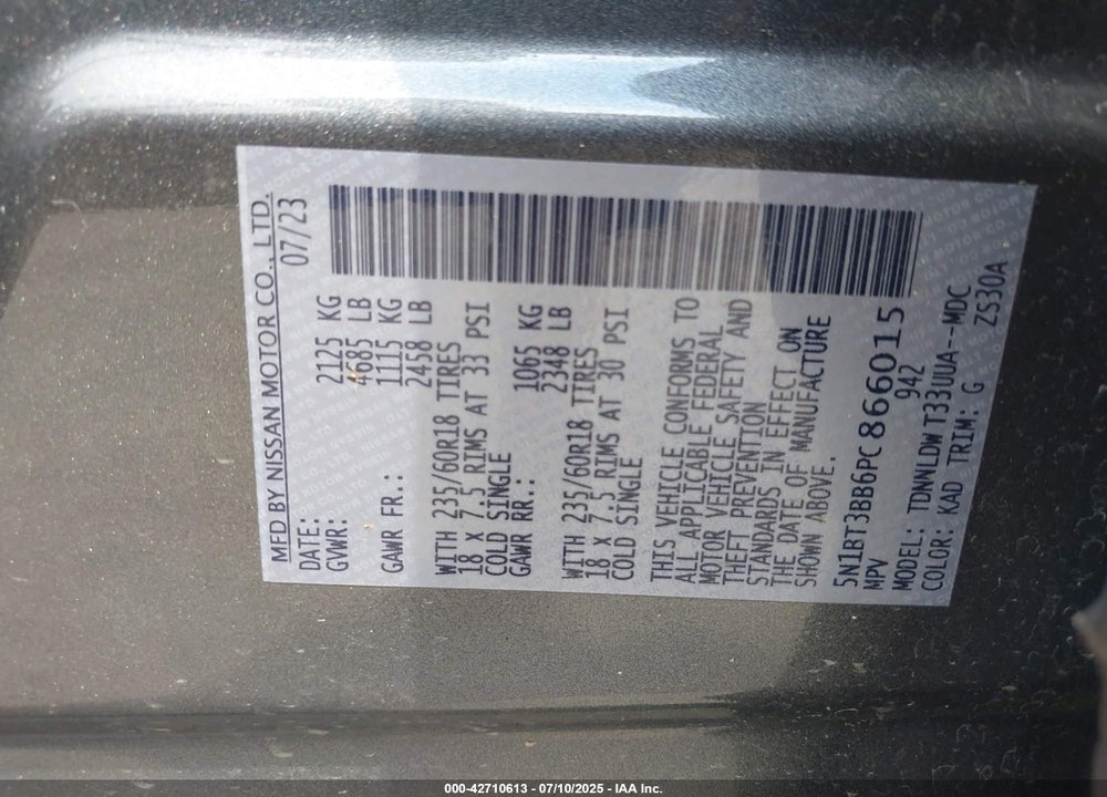 2023 NISSAN ROGUE VIN: 5N1BT3BB6PC866015