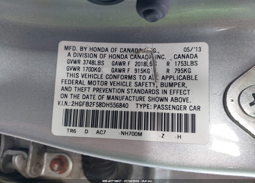 2013 HONDA CIVIC VIN: 2HGFB2F58DH556840