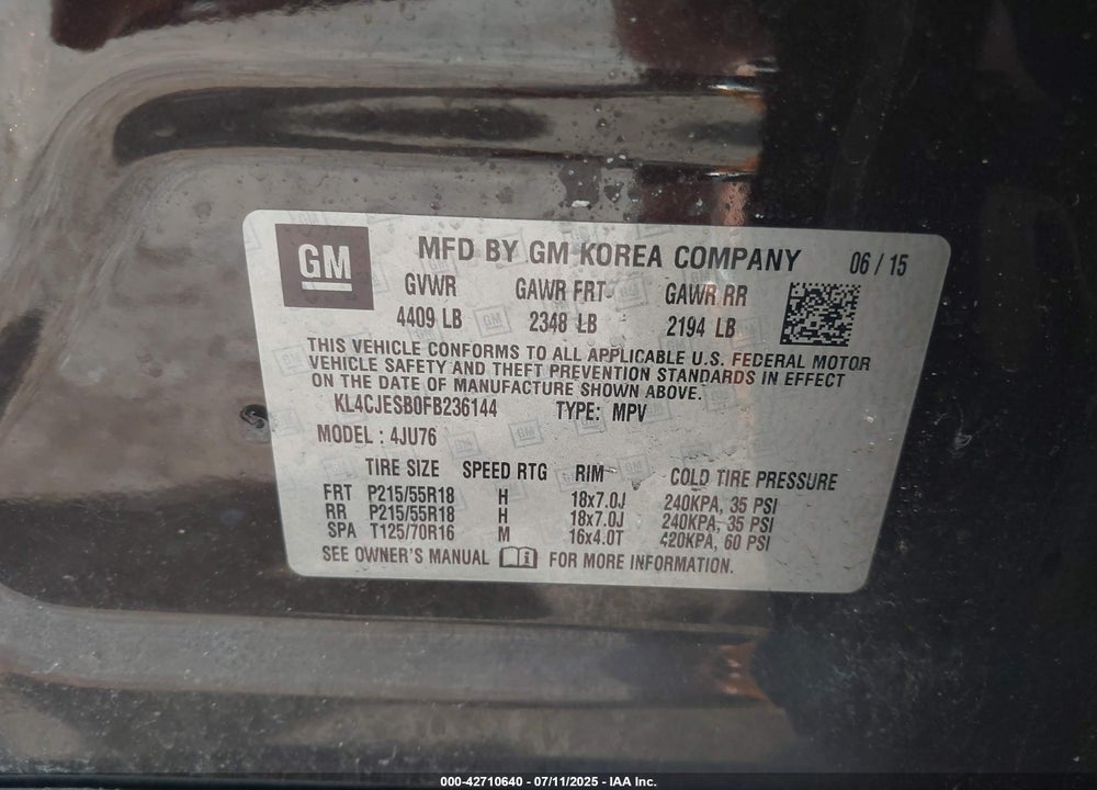 2015 BUICK ENCORE VIN: KL4CJESB0FB236144