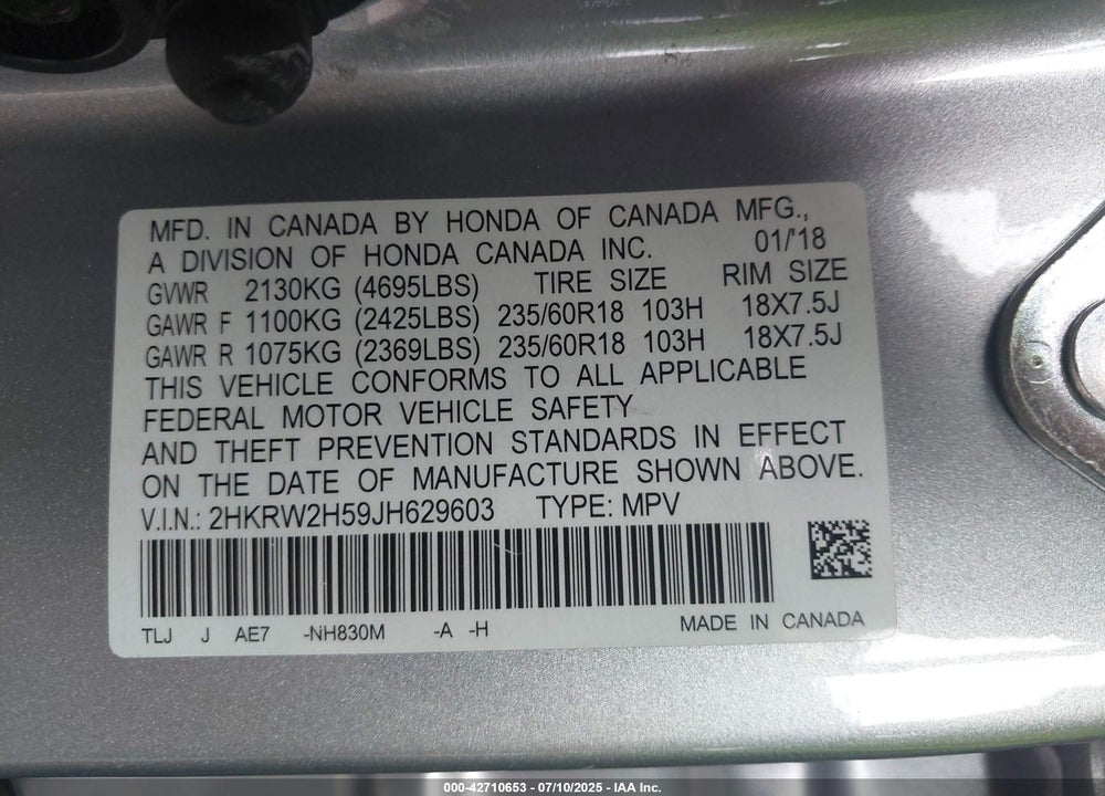 2018 HONDA CR-V VIN: 2HKRW2H59JH629603