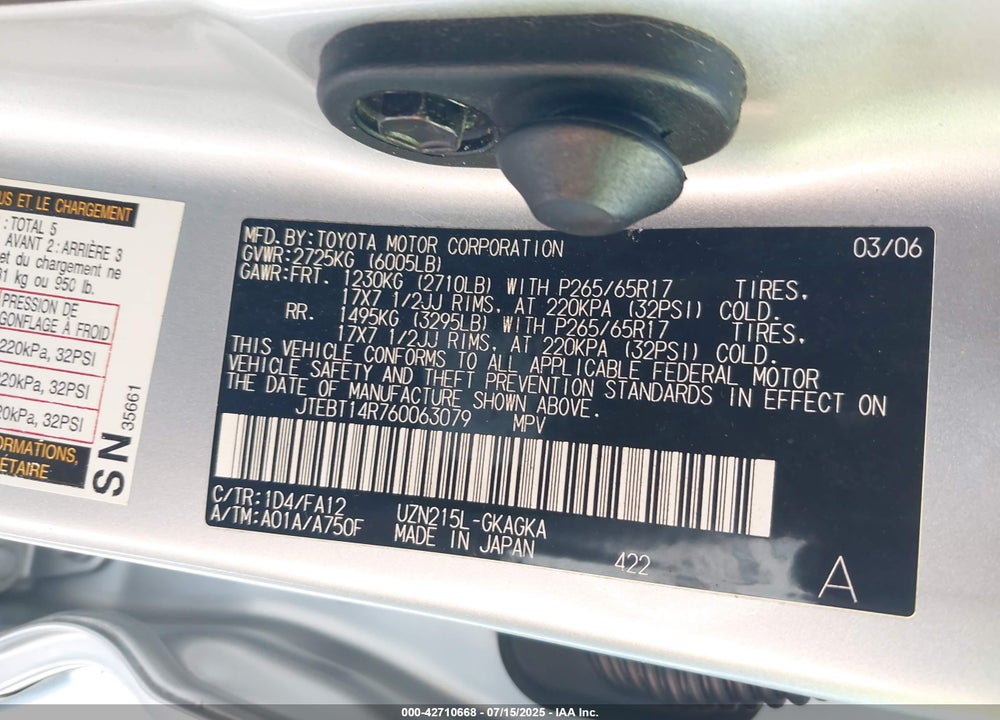 2006 TOYOTA 4RUNNER SR5 V8 VIN: JTEBT14R760063079