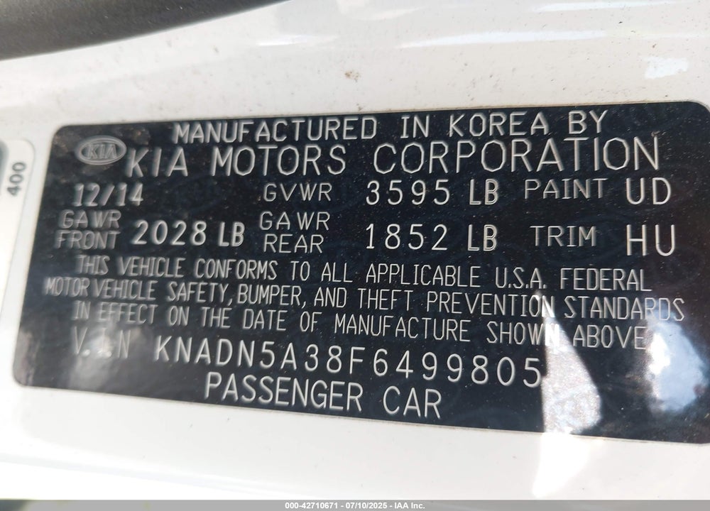 2015 KIA RIO VIN: KNADN5A38F6499805