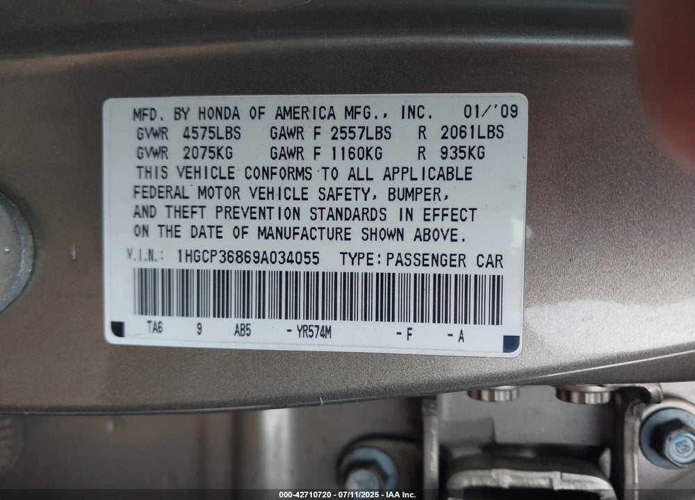 2009 HONDA ACCORD SDN VIN: 1HGCP36869A034055