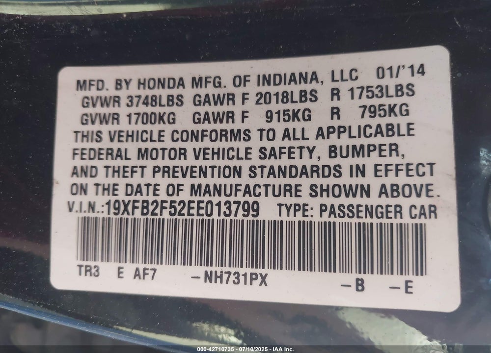 2014 HONDA CIVIC VIN: 19XFB2F52EE013799