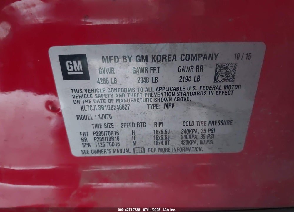 2016 CHEVROLET TRAX VIN: KL7CJLSB1GB548627