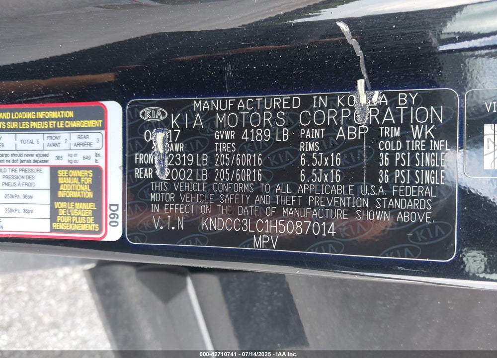 2017 KIA NIRO VIN: KNDCC3LC1H5087014