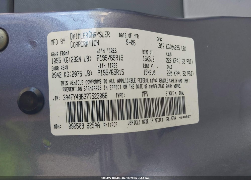 2007 CHRYSLER PT CRUISER VIN: 3A4FY48B37T523066