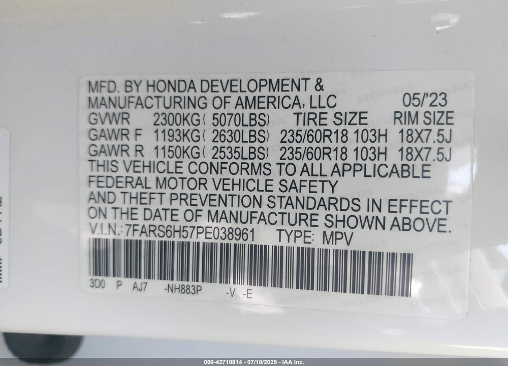 2023 HONDA CR-V VIN: 7FARS6H57PE038961