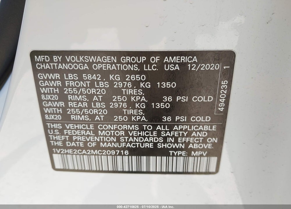 2021 VOLKSWAGEN ATLAS CROSS SPORT VIN: 1V2HE2CA2MC209716