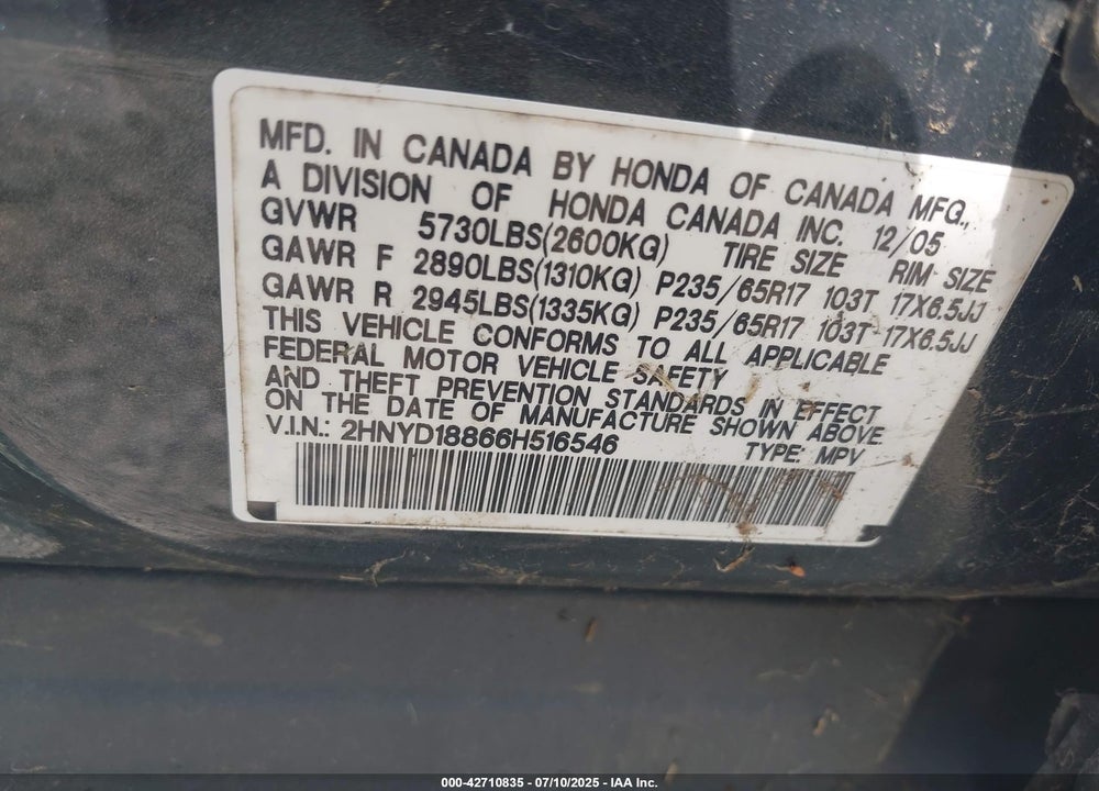 2006 ACURA MDX VIN: 2HNYD18866H516546