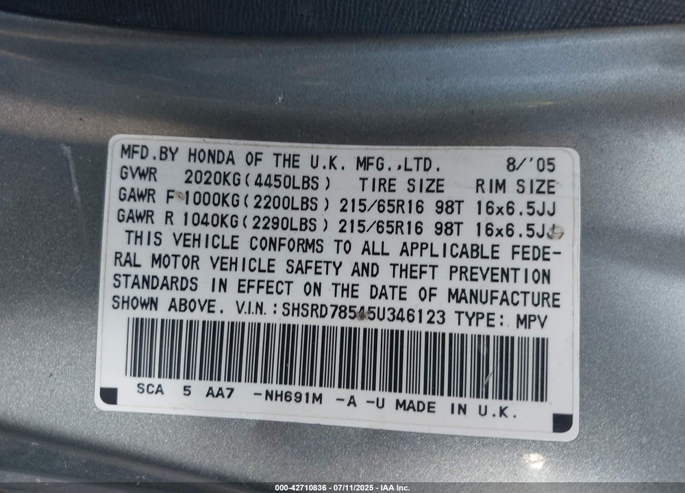 2005 HONDA CR-V LX VIN: SHSRD78545U346123