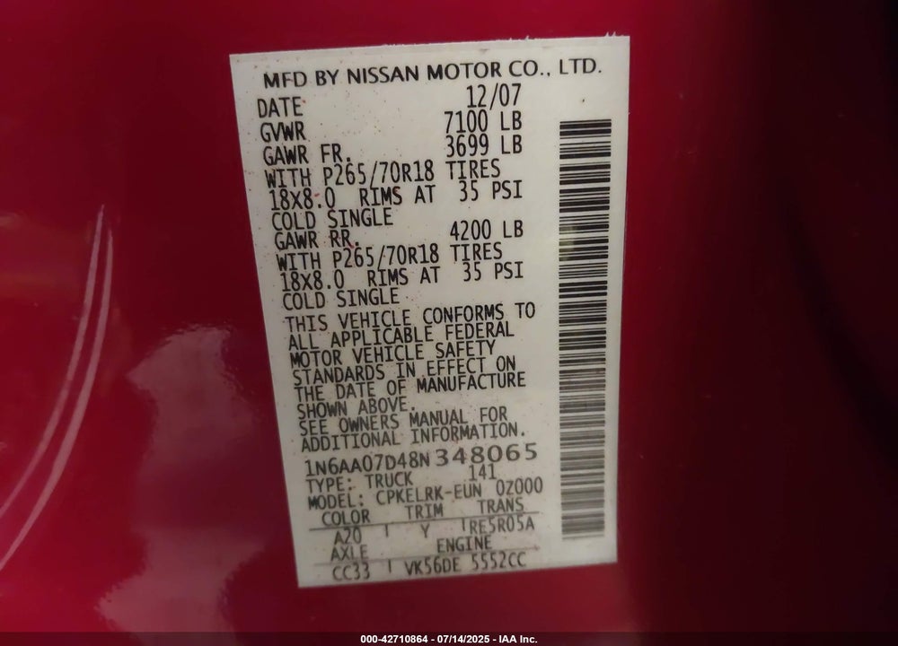 2008 NISSAN TITAN VIN: 1N6AA07D48N348065